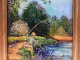 a painting of a man fishing on a river with trees in the background