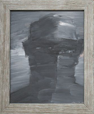 a painting of a man with a hat and glasses in a frame