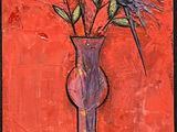 a painting of a vase with blue flowers in it