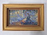 un tableau représentant une femme en robe bleue assise sur un banc