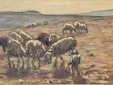 tableau représentant un troupeau de moutons paissant dans un champ recouvert d'herbe sèche
