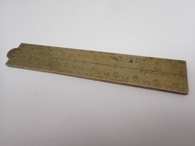 une vieille règle en laiton posée sur une surface blanche