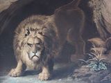 a painting of a lion walking in a cave