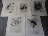 quatre dessins en noir et blanc représentant des oiseaux et des animaux sur une feuille de papier