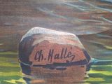 a painting of a rock in the water with writing on it