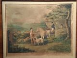 a picture of a painting of a man riding a horse with a group of dogs