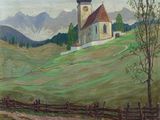 tableau représentant une église sur une colline, avec une clôture au premier plan et des montagnes en arrière-plan