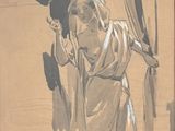 dessin représentant une femme tenant un éventail dans la main droite et dessin en noir et blanc représentant une femme tenant un éventail dans la main droite