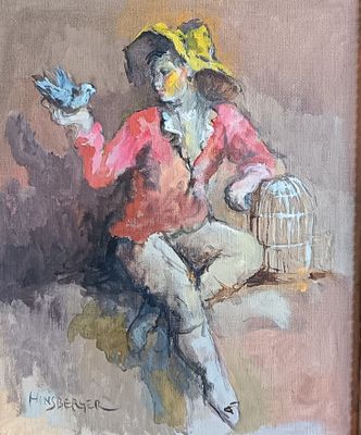 une peinture à l'huile représentant un homme tenant un oiseau et une cage à oiseaux