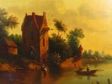 a painting of a boat on a river with a castle in the background