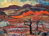 une peinture à l'huile d'un paysage avec une montagne en arrière-plan