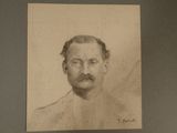 portrait d'un homme avec une moustache et une barbe sur une photo en noir et blanc