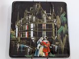 a picture of a picture of a woman and a man in front of a castle