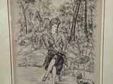 drawing of a woman sitting on a bench with a dog