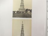 two pictures of a tower with a clock on top of it