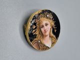 a close up of a picture of a woman with a flower in her hair