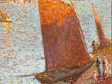 an oil painting of a sailboat on the water near a shore