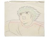 anime drawing of a boy with green hair and a white shirt