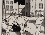 drawing of three men walking down a city street at night