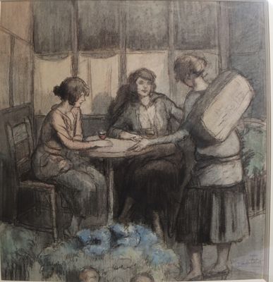 drawing of three women sitting at a table in a room