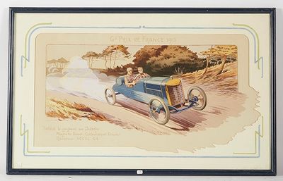 tableau représentant une voiture de collection roulant sur un chemin de terre, avec un homme assis au volant