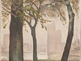 une image représentant un tableau montrant des arbres dans un parc, avec des bâtiments en arrière-plan