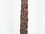 an old wooden table with carvings on it and a white background