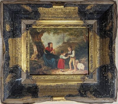 une photo d'un tableau représentant une famille avec un chien