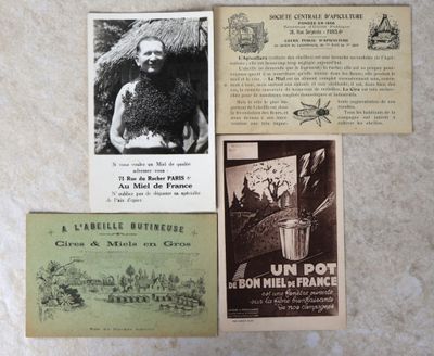 Plusieurs anciennes cartes postales sont exposées sur un fond blanc, accompagnées d'une photo en noir et blanc.