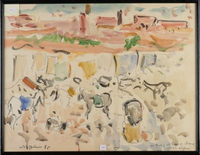 une aquarelle représentant un groupe de personnes sur une plage
