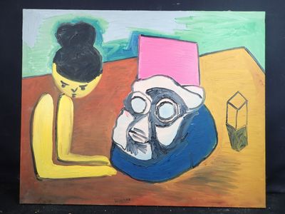 a painting of a man and a woman sitting on a table