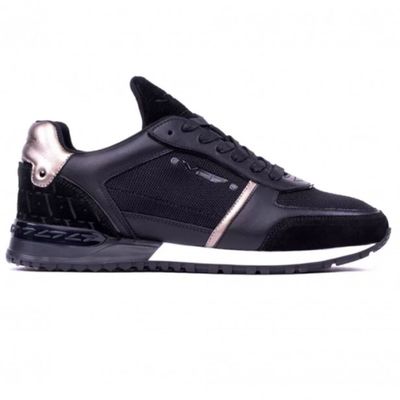 a picture of a black and silver sneaker with a white sole