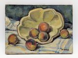 a painting of a bowl of peaches on a table