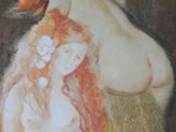a painting of a nude woman with a bird on her shoulder