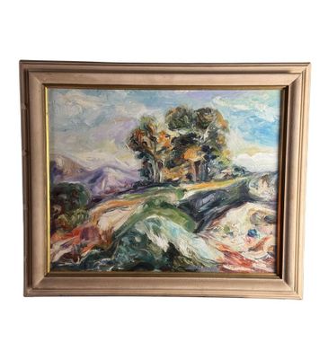 une image représentant un tableau représentant un paysage avec des arbres sur une colline