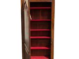 a wooden cabinet with a door open on a white background