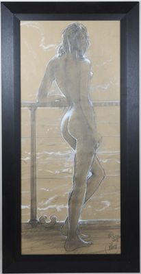 tableau représentant une femme nue debout sur un rebord au bord de l'eau