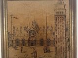 framed picture of a painting of a building with a clock tower