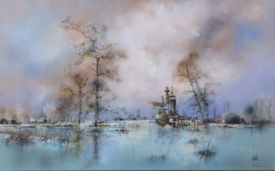 an image of a painting of a lake with trees in the foreground