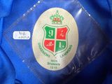 the back of a blue jacket with a red and green crest on it