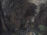 une image représentant un tableau d'une route au milieu d'une forêt