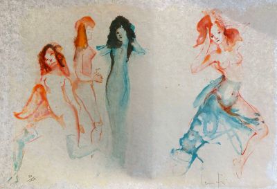 tableau représentant trois femmes vêtues de robes bleues et orange, debout les unes à côté des autres