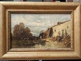 an oil painting of a village scene with a river in the foreground and a boat in the foreground
