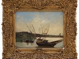 an oil painting of a boat in a body of water next to a shore