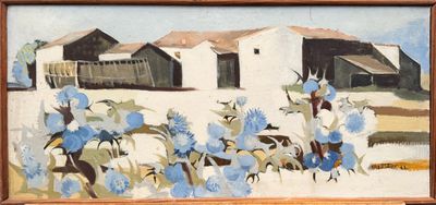 une peinture à l'huile représentant des fleurs bleues devant un bâtiment blanc
