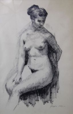 École moderne "Jeune femme nue assise", dessin à l'encre, da…