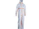 a white and orange coverall with a hood on it