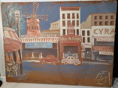 un tableau représentant une scène de rue avec un moulin à vent en arrière-plan