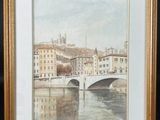 painting of a bridge over a river with buildings in the background