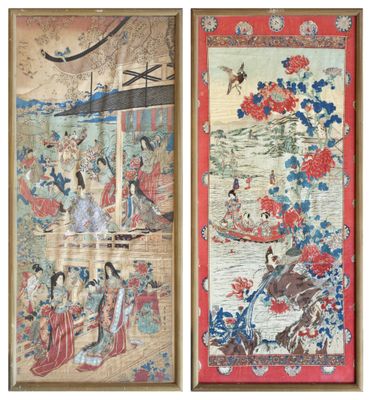 two framed paintings of asian women and men on a boat